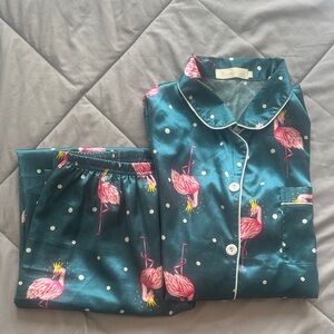 Satin Teal Flamingo Pajama Set - Cute Polka Dot Sleepwear